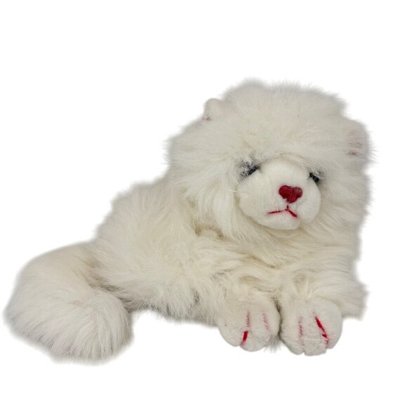 Vintage Persian Cat Plush White Realistic Stuffed Animal Red Heart Shape Nose - Picture 1 of 8